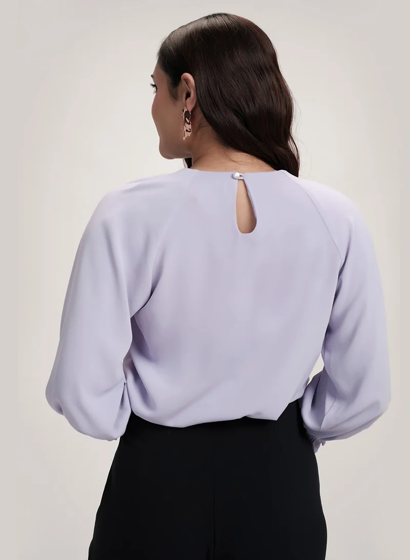 Zigzag Neck Detailed Chiiffon Long Sleeve Top
