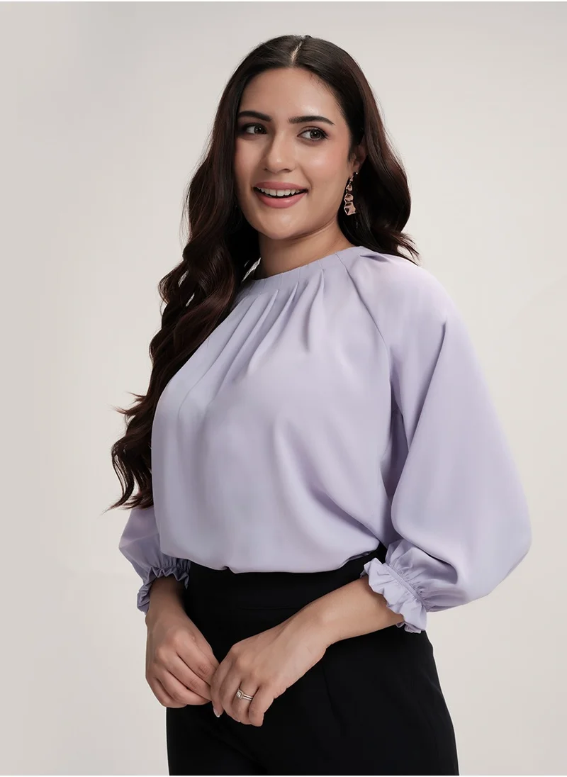 Zigzag Neck Detailed Chiiffon Long Sleeve Top