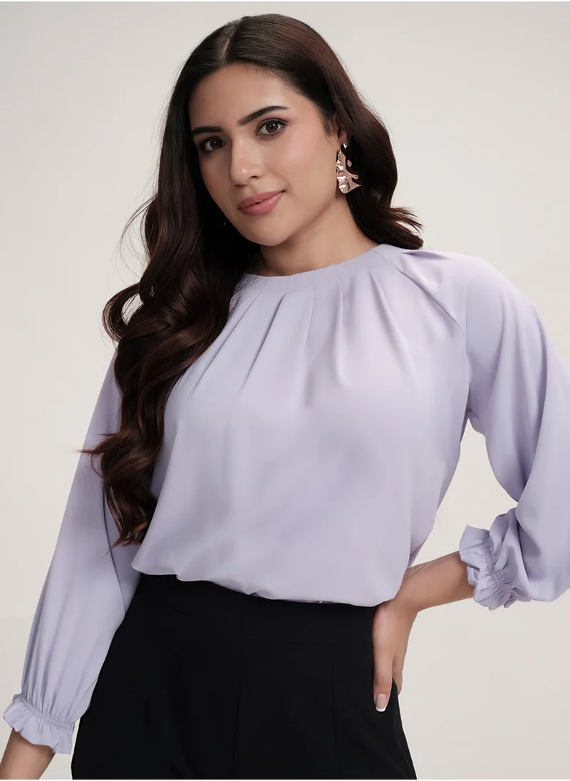 Zigzag Neck Detailed Chiiffon Long Sleeve Top