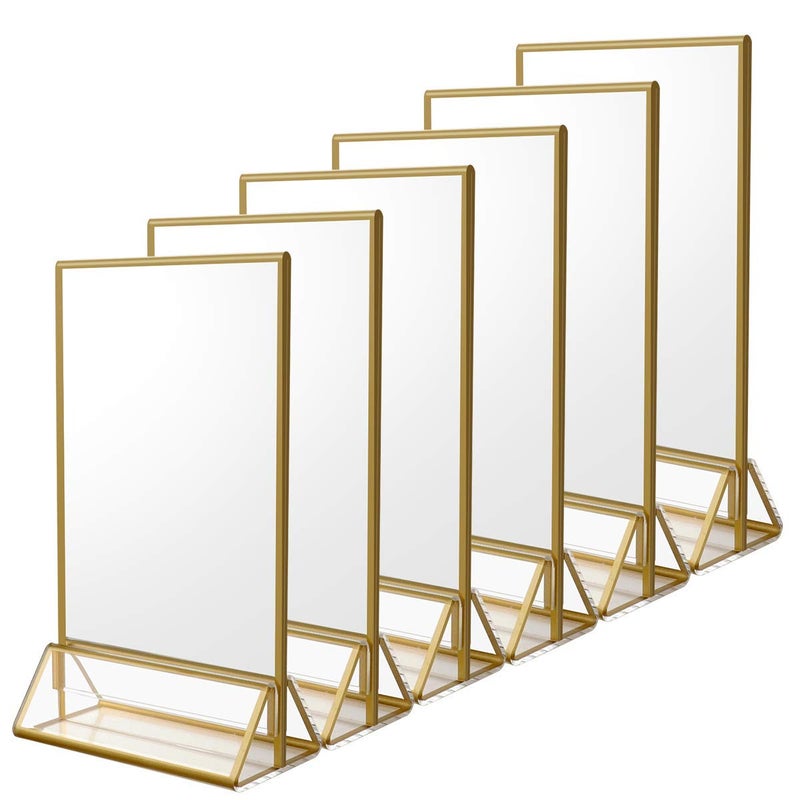 NIUBEE 6Pack 4 x 6 Clear Acrylic Sign Holder with Gold Borders and Vertical Stand, Double Sided Table Menu Holders Picture Frames for Wedding Table Numbers, Restaurant Signs, Photos and Art Display - Image 1