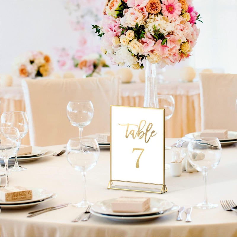 NIUBEE 6Pack 4 x 6 Clear Acrylic Sign Holder with Gold Borders and Vertical Stand, Double Sided Table Menu Holders Picture Frames for Wedding Table Numbers, Restaurant Signs, Photos and Art Display - Image 3