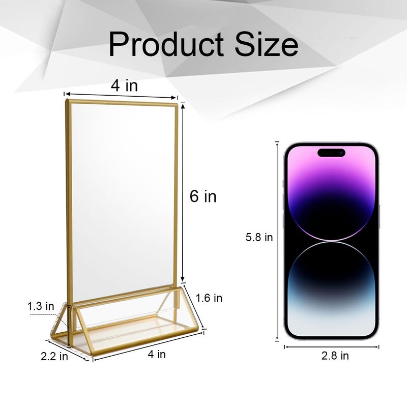 NIUBEE 6Pack 4 x 6 Clear Acrylic Sign Holder with Gold Borders and Vertical Stand, Double Sided Table Menu Holders Picture Frames for Wedding Table Numbers, Restaurant Signs, Photos and Art Display - Image 2