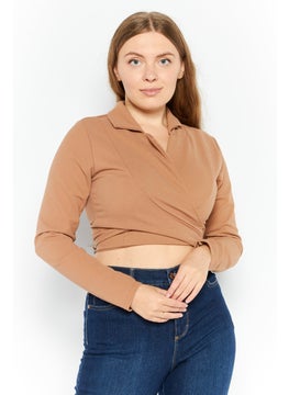 FEMME LUXE Women Notch Collar Long Sleeve Textured Blazer Cropped Top, Tan  - Image 1