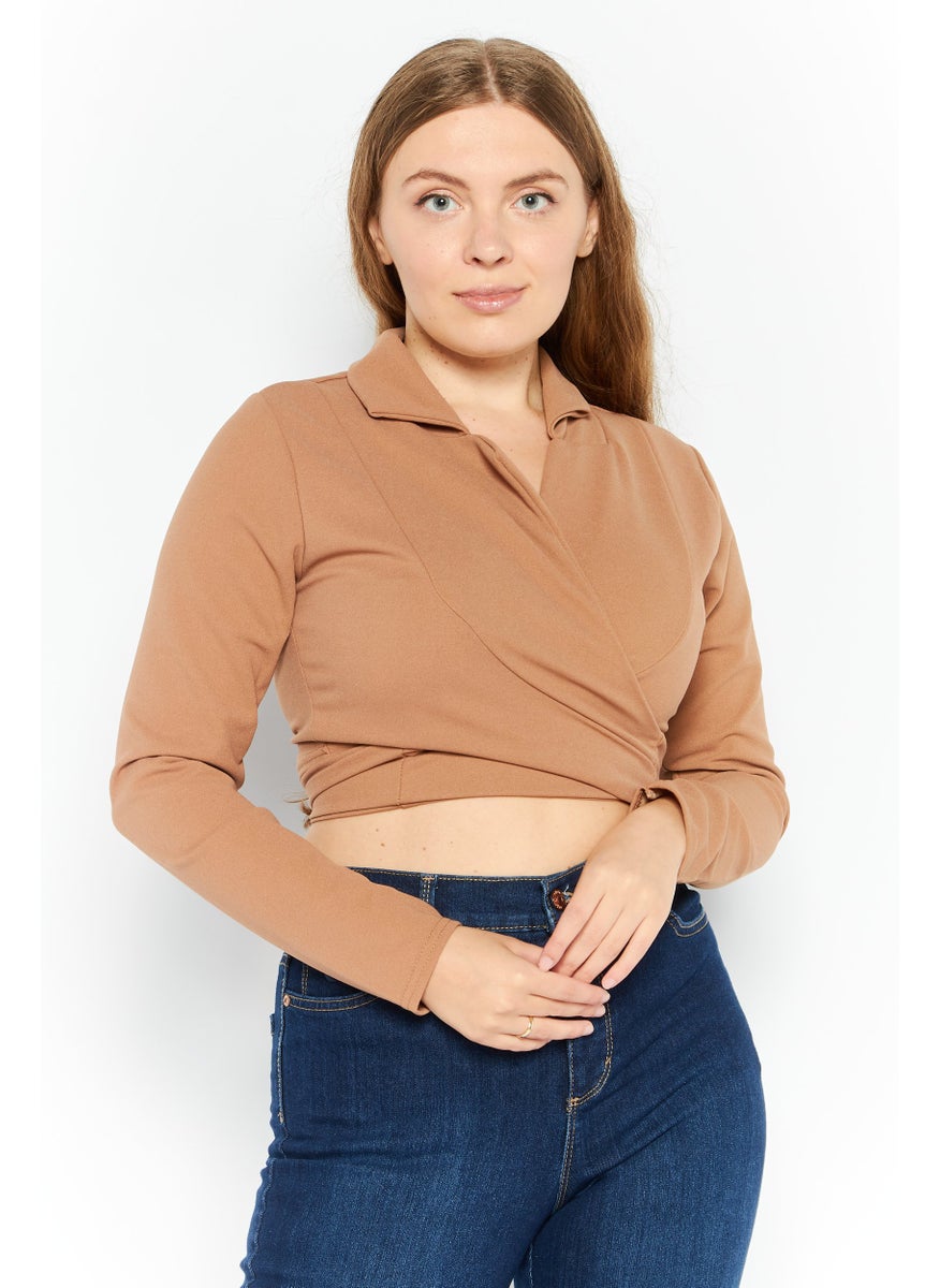 FEMME LUXE Women Notch Collar Long Sleeve Textured Blazer Cropped Top, Tan  - Image 1