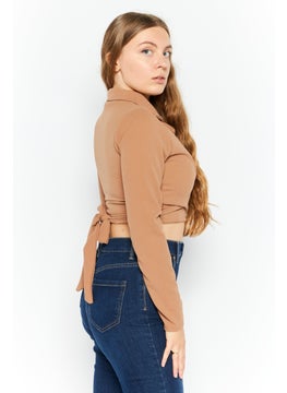 FEMME LUXE Women Notch Collar Long Sleeve Textured Blazer Cropped Top, Tan  - Image 3