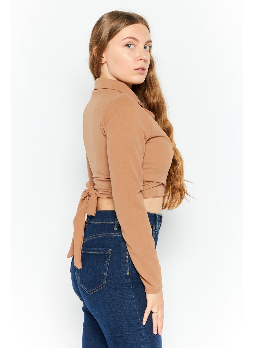 FEMME LUXE Women Notch Collar Long Sleeve Textured Blazer Cropped Top, Tan  - Image 3