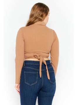 FEMME LUXE Women Notch Collar Long Sleeve Textured Blazer Cropped Top, Tan  - Image 4