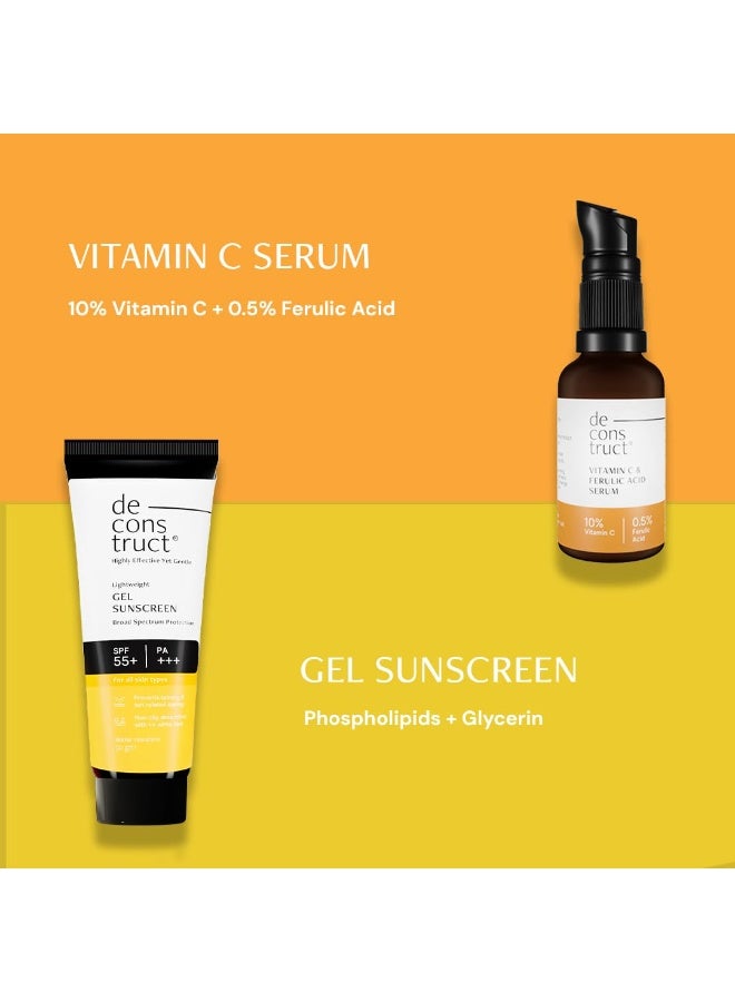 Deconstruct Sun Protect Duo | 10% Vitamin C Face Serum (30 ml) + Gel Sunscreen (50 g) | Get Glowing Skin with Sun Protection | SPF 55+ | No White Cast, Non Irritating & Lightweight | Pack of 2 - Image 2
