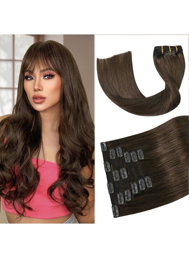 Aison 20 Inch Clip in Hair Extensions 70G Medium Brown 100% Remy Human Hair Clip in Extensions Soft Silky Straight for Fashion Women 7pcs 16clips One Pack(20 Inch #4) - Image 1