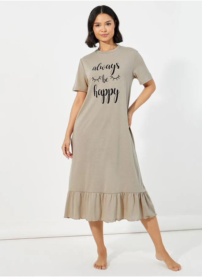 Styli Styli Always Be Happy Graphic Ruffle Hem Sleep T-Shirt Dress