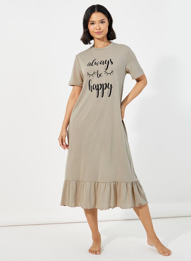 Styli Styli Always Be Happy Graphic Ruffle Hem Sleep T-Shirt Dress - Image 1