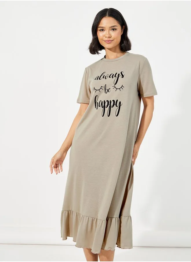 Styli Styli Always Be Happy Graphic Ruffle Hem Sleep T-Shirt Dress