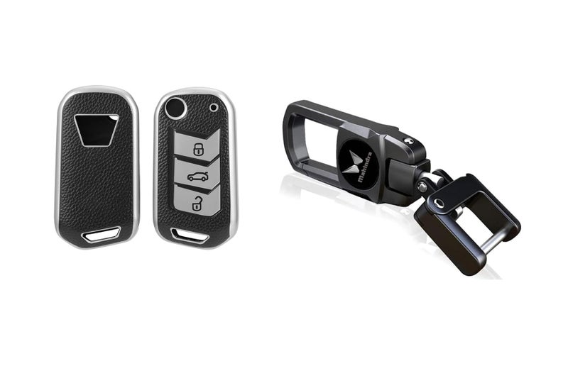 Greenworld™ black Color Fob Key Heavy Duty Keychain for Scorpio/Xuv700/Xuv300/Bolero/Thar Roxx Suitable For All New Mahindra car (Black Keychain With Silver Leadher Tpu Cover) - Image 1