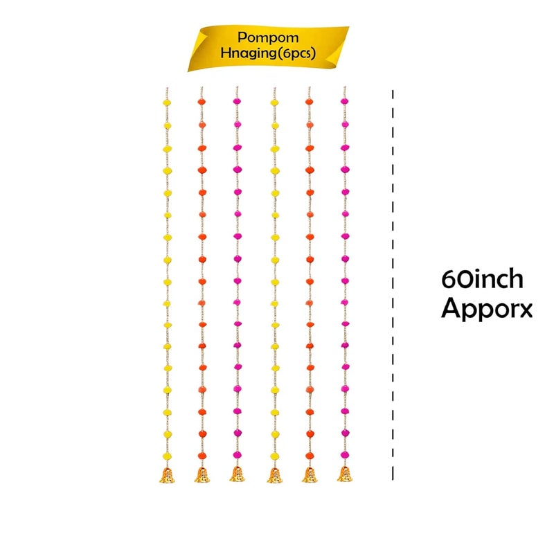Party Propz Party Propz Multicolor Pom Pom Hangings for Decoration with Golden Bell 6pcs Hangings Decorative Items Festival Decoration Items Makar Sankranti Decoration Items Lohri Decor Pongal Decoration  - Image 2