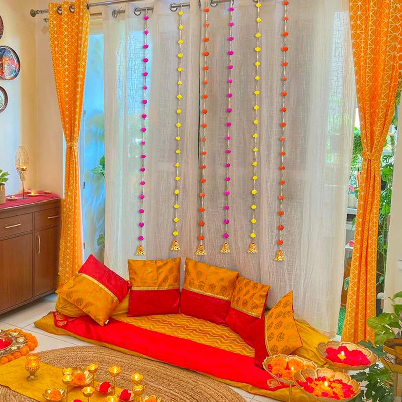 Party Propz Party Propz Multicolor Pom Pom Hangings for Decoration with Golden Bell 6pcs Hangings Decorative Items Festival Decoration Items Makar Sankranti Decoration Items Lohri Decor Pongal Decoration  - Image 5