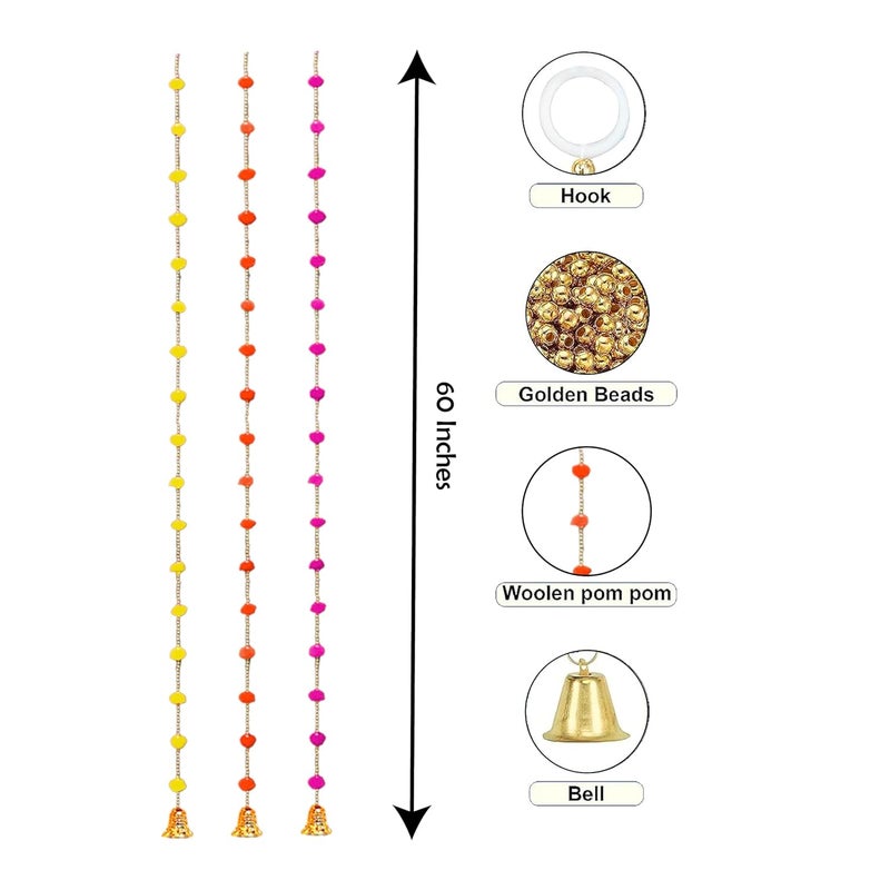 Party Propz Party Propz Multicolor Pom Pom Hangings for Decoration with Golden Bell 6pcs Hangings Decorative Items Festival Decoration Items Makar Sankranti Decoration Items Lohri Decor Pongal Decoration  - Image 3