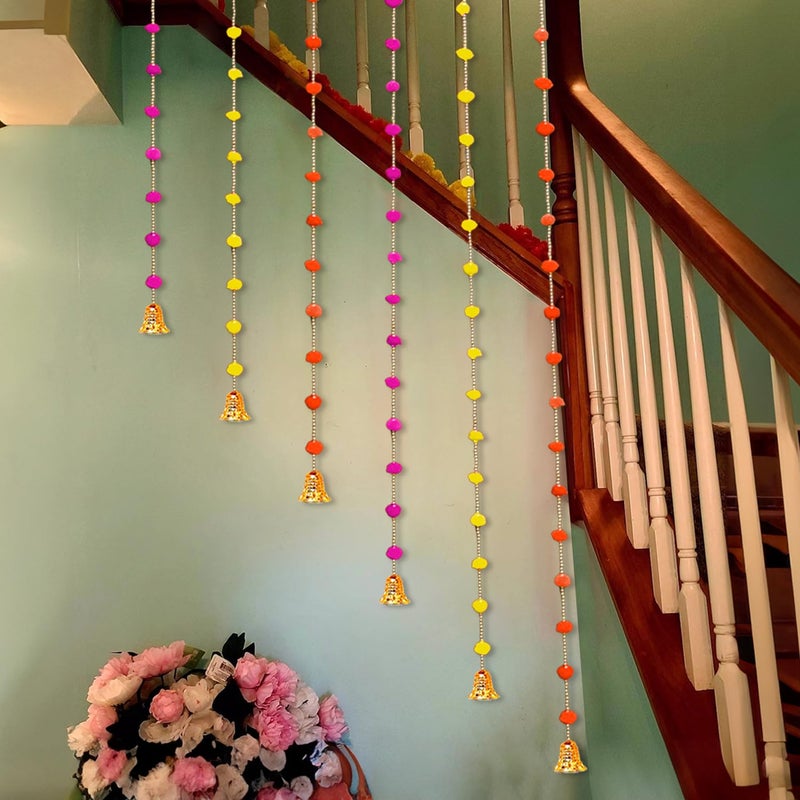 Party Propz Party Propz Multicolor Pom Pom Hangings for Decoration with Golden Bell 6pcs Hangings Decorative Items Festival Decoration Items Makar Sankranti Decoration Items Lohri Decor Pongal Decoration  - Image 4
