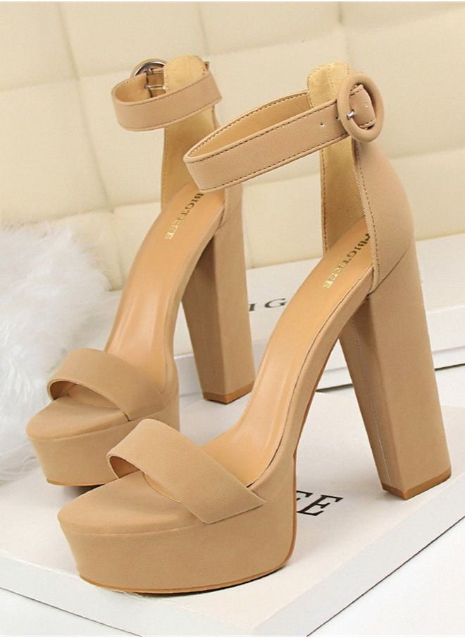 BIGTREE Thick Heel Super Slim Open Toe Belt Buckle High Heel Sandals 13.5CM Beige 
