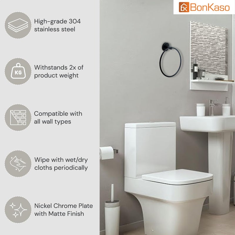 BonKaso 304 Stainless Steel Napkin Towel Holder Ring for Bathroom Wash Basin Kitchen Rustproof Towel Hanger for Hand Face Towels Modern SpaceSaving Round Black Finish - Image 3