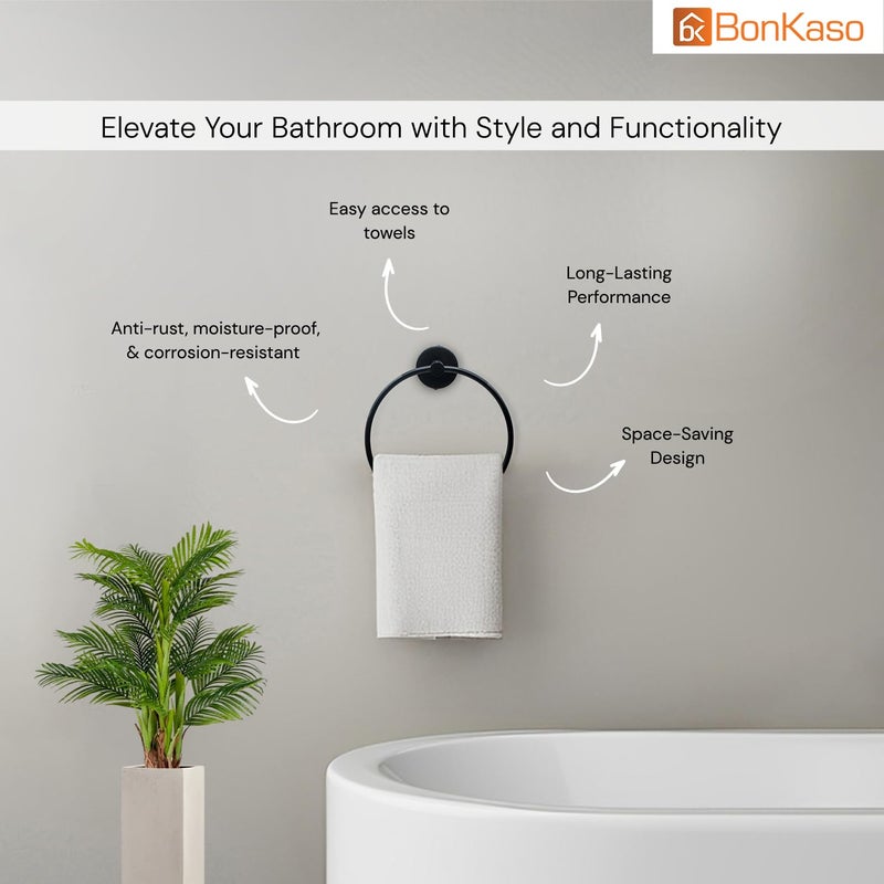 BonKaso 304 Stainless Steel Napkin Towel Holder Ring for Bathroom Wash Basin Kitchen Rustproof Towel Hanger for Hand Face Towels Modern SpaceSaving Round Black Finish - Image 2