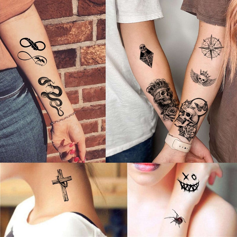 Bilizar 48 Sheets 3D Small Temporary Tattoos For Kids Women Neck Girls Arm Boys, Temp Tiny Halloween Tattoo Stickers Men Spider Cross Scorpion Snake Tiger Lion, Flower Ghost Skull Fake Tatoos Acnhor - Image 2