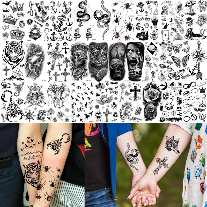 Bilizar 48 Sheets 3D Small Temporary Tattoos For Kids Women Neck Girls Arm Boys, Temp Tiny Halloween Tattoo Stickers Men Spider Cross Scorpion Snake Tiger Lion, Flower Ghost Skull Fake Tatoos Acnhor - Image 5