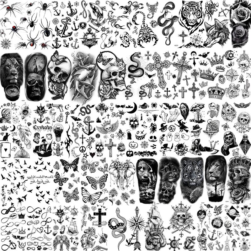 Bilizar 48 Sheets 3D Small Temporary Tattoos For Kids Women Neck Girls Arm Boys, Temp Tiny Halloween Tattoo Stickers Men Spider Cross Scorpion Snake Tiger Lion, Flower Ghost Skull Fake Tatoos Acnhor - Image 1