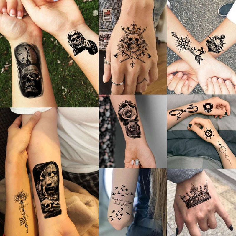 Bilizar 48 Sheets 3D Small Temporary Tattoos For Kids Women Neck Girls Arm Boys, Temp Tiny Halloween Tattoo Stickers Men Spider Cross Scorpion Snake Tiger Lion, Flower Ghost Skull Fake Tatoos Acnhor - Image 3