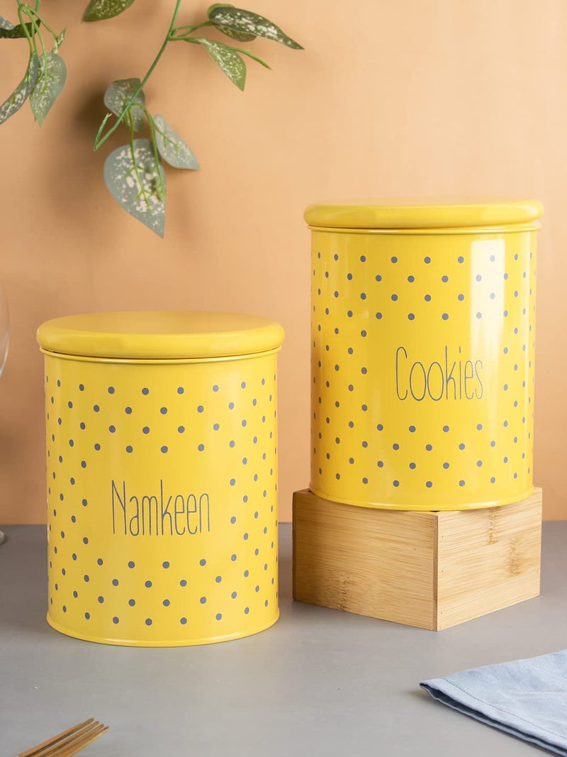 MARKET 99 Yellow Metal Cookies and Namkeen Jar Set of 2 (1700ml Each) | Leak-Proof Kitchen Storage Containers for Snacks and Dry Food | Durable Food Canister Set for Pantry Organization - Image 1