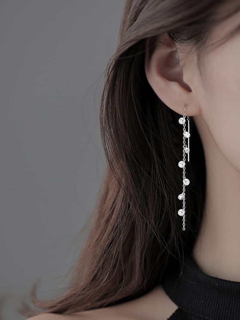 SLUYNZ أقراط دائرية متدلية من الفضة الإسترلينية 925 مع كريستالات CZ المتلألئة للنساء والفتيات المراهقات، أقراط طويلة أنيقة متدلية بخيوط (A-Silver) - Image 3