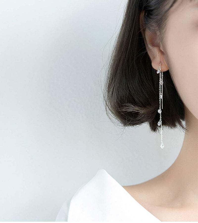 SLUYNZ أقراط دائرية متدلية من الفضة الإسترلينية 925 مع كريستالات CZ المتلألئة للنساء والفتيات المراهقات، أقراط طويلة أنيقة متدلية بخيوط (A-Silver) - Image 2