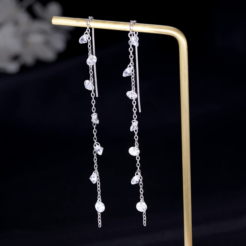 SLUYNZ أقراط دائرية متدلية من الفضة الإسترلينية 925 مع كريستالات CZ المتلألئة للنساء والفتيات المراهقات، أقراط طويلة أنيقة متدلية بخيوط (A-Silver) - Image 4