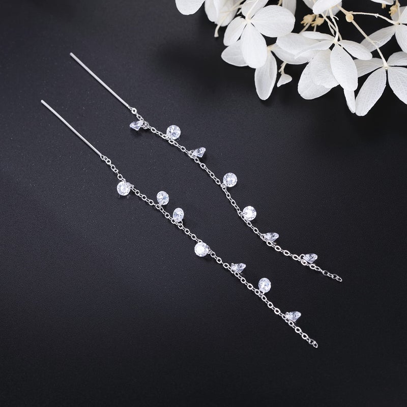 SLUYNZ أقراط دائرية متدلية من الفضة الإسترلينية 925 مع كريستالات CZ المتلألئة للنساء والفتيات المراهقات، أقراط طويلة أنيقة متدلية بخيوط (A-Silver) - Image 5