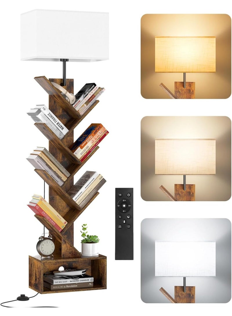 OUTON 6-Layer Solid Wood Tree Bookshelf with Drawer, Tree Bookshelf with Light& Remote, Retro Wood Storage Rack for CDs/Movies/Books, Ladder Shelf, Utility Organizer Shelves for Living Room, Bedroom, Home Office - Image 1