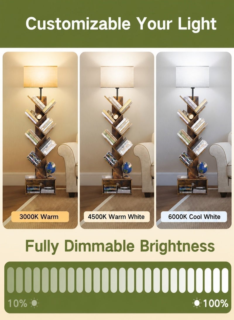 OUTON 6-Layer Solid Wood Tree Bookshelf with Drawer, Tree Bookshelf with Light& Remote, Retro Wood Storage Rack for CDs/Movies/Books, Ladder Shelf, Utility Organizer Shelves for Living Room, Bedroom, Home Office - Image 3