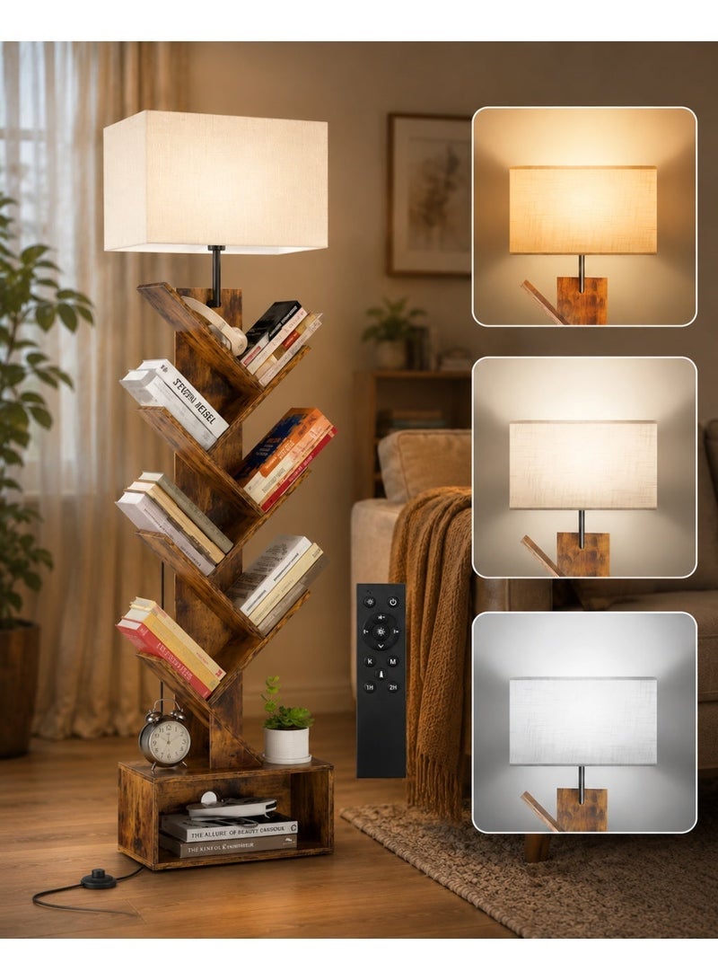 OUTON 6-Layer Solid Wood Tree Bookshelf with Drawer, Tree Bookshelf with Light& Remote, Retro Wood Storage Rack for CDs/Movies/Books, Ladder Shelf, Utility Organizer Shelves for Living Room, Bedroom, Home Office - Image 1