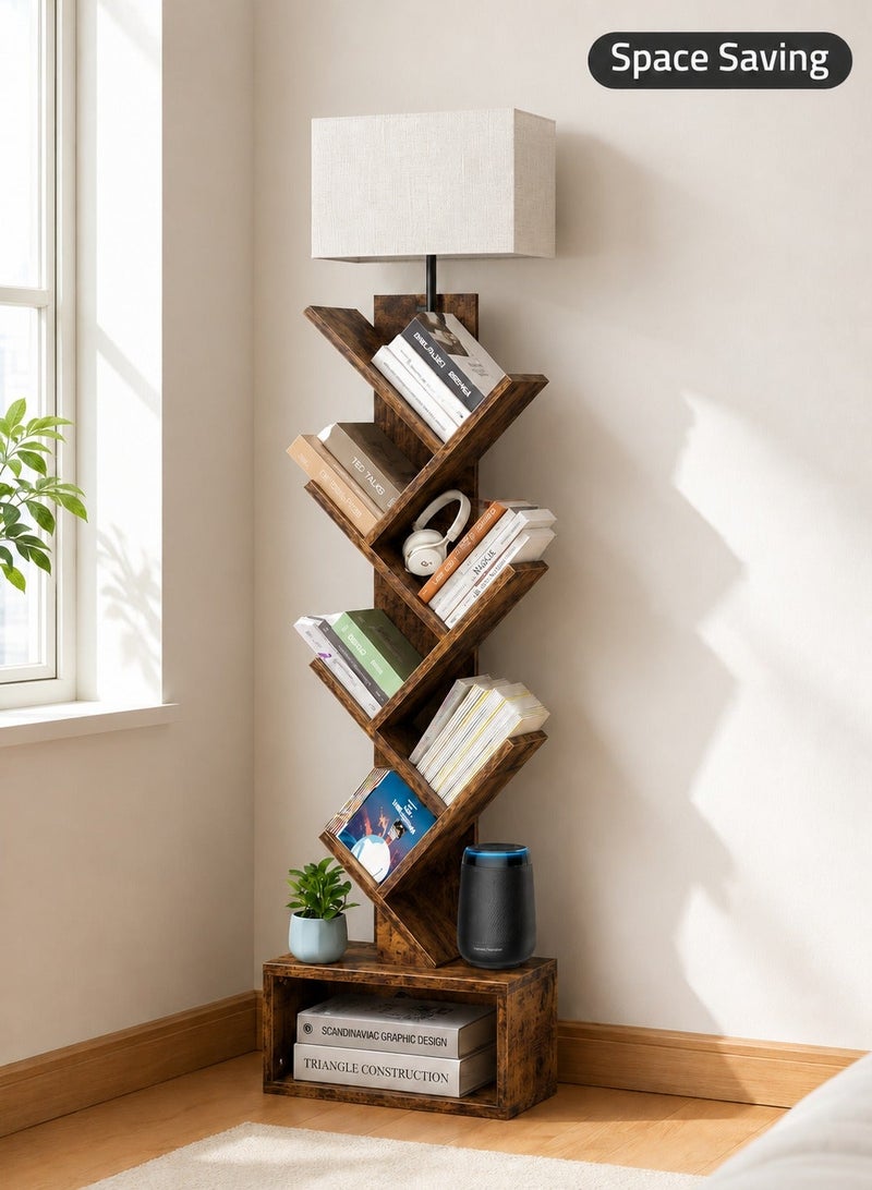 OUTON 6-Layer Solid Wood Tree Bookshelf with Drawer, Tree Bookshelf with Light& Remote, Retro Wood Storage Rack for CDs/Movies/Books, Ladder Shelf, Utility Organizer Shelves for Living Room, Bedroom, Home Office - Image 2