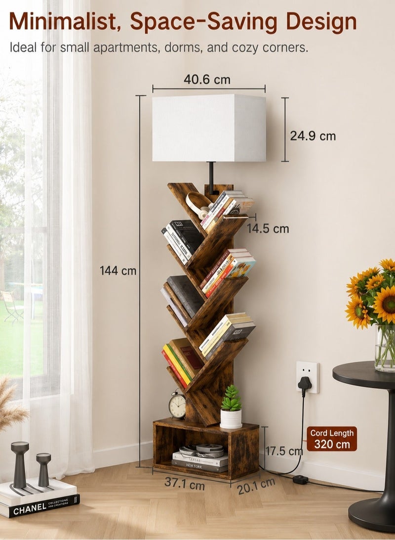 OUTON 6-Layer Solid Wood Tree Bookshelf with Drawer, Tree Bookshelf with Light& Remote, Retro Wood Storage Rack for CDs/Movies/Books, Ladder Shelf, Utility Organizer Shelves for Living Room, Bedroom, Home Office - Image 4