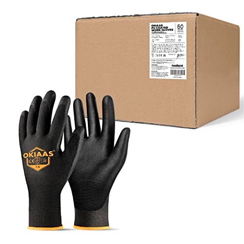 OKIAAS Work Gloves for Men Ultra Thin and Lightweight with Grip Bulk Case of 60 Pairs Construction Gloves with Polyurethane Coating Safety Gloves for Light Duty Work Black Small - Image 1