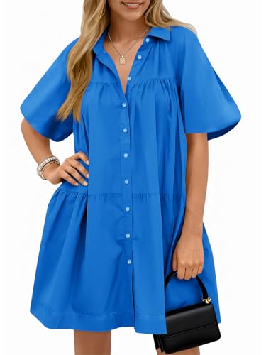 Wenrine Women's Summer Button Down Shirt Dress Puff Short Sleeve Loose Casual Oversized Mini Dresses with Pockets - Image 1
