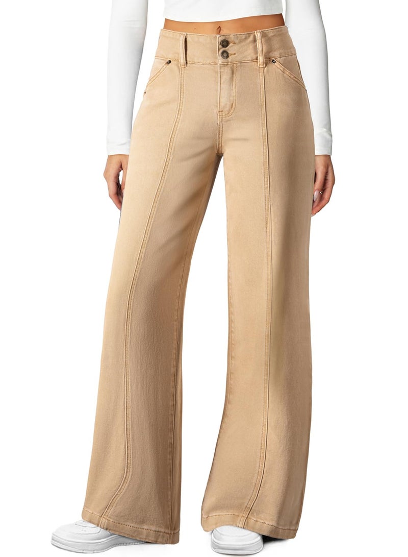 Sidefeel Jeans for Women High Waisted Wide Leg Jeans Stretchy Straight Leg Seamed Front Trendy Loose Denim Pants Khaki Size 8 - Image 1