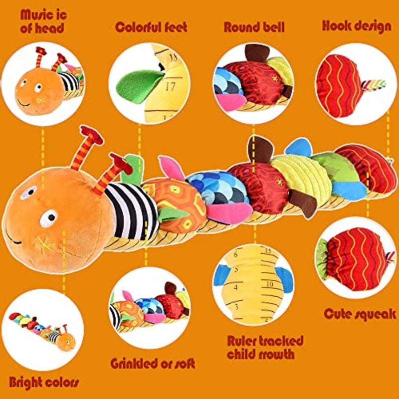 Infant Baby Musical Caterpillar Stuffed Animal Activity Soft Toy with Multi-Sensory Crinkle, Rattle, Textures and Tummy Time Growth Record for Newborns, Infants and Toddlers - Image 3