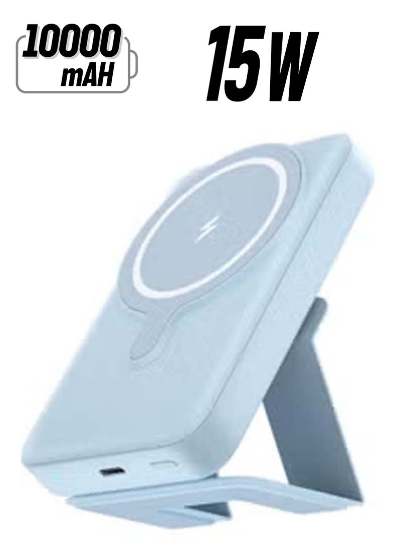 Raxoom Magnetic Wireless Portable Charger 10000mAh Mag-Safe Battery Pack 15W Fast Charging USB-C Power Bank Foldable Stand Compatible iPhone 14/13/12 Pro Max Plus Mini (Blue)  - Image 1