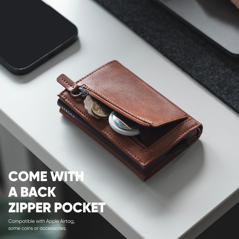 VULKIT Pop up Wallet, RFID Blocking Genuine Leather Credit Card Wallet with Banknote Compartment, ID Window & Coin Pocket (Brown) - Image 5