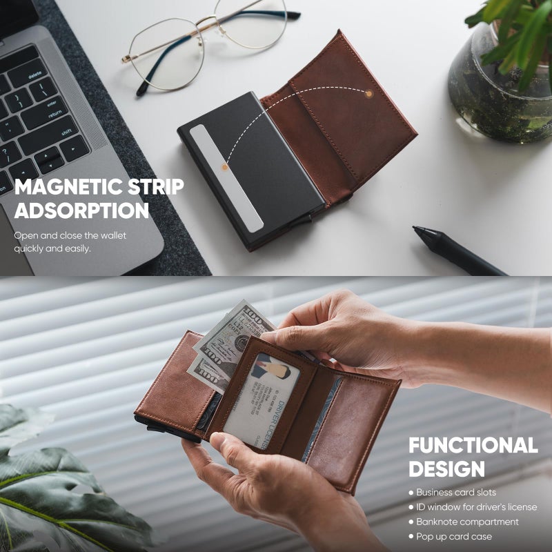 VULKIT Pop up Wallet, RFID Blocking Genuine Leather Credit Card Wallet with Banknote Compartment, ID Window & Coin Pocket (Brown) - Image 4