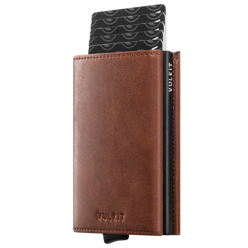 VULKIT Pop up Wallet, RFID Blocking Genuine Leather Credit Card Wallet with Banknote Compartment, ID Window & Coin Pocket (Brown) - Image 1