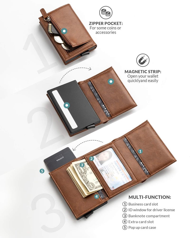 VULKIT Pop up Wallet, RFID Blocking Genuine Leather Credit Card Wallet with Banknote Compartment, ID Window & Coin Pocket (Brown) - Image 2