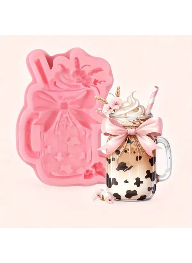 Y 314 Model Milk Tea Shaped Cake Silicone Mold With Bow And Straw Pastel Pink - Image 1