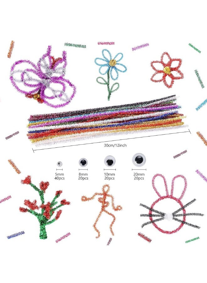 Caydo Caydo 200 Pieces Glitter Pipe Cleaners with 100 Pieces Wiggle Eyes 14 Colors Chenille Stems Metallic Sparkle Craft Pipe Cleaner for DIY Art and Crafts Creative Projects - Image 2