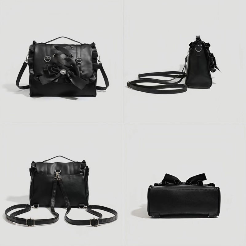 Winatehr small black cute bow purse, mini cutecore backpack for women, vegan leather satchel bag y2k purse, small crossbody japanese shoulder bag with ruffle, Jirai Kei coquette Shoujo girl lolita fashion - Image 5